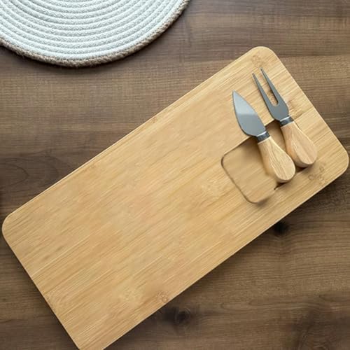 Bambu Peynir Sunum Tabağı, 3 Parça Peynir Bıçağı ve Çatalı Seti, Toplam 4 Parça, Doğal ve Şık Bambu Peynir Tabağı, Kaliteli Sunum Seti 38x19 cm Ebatlarında