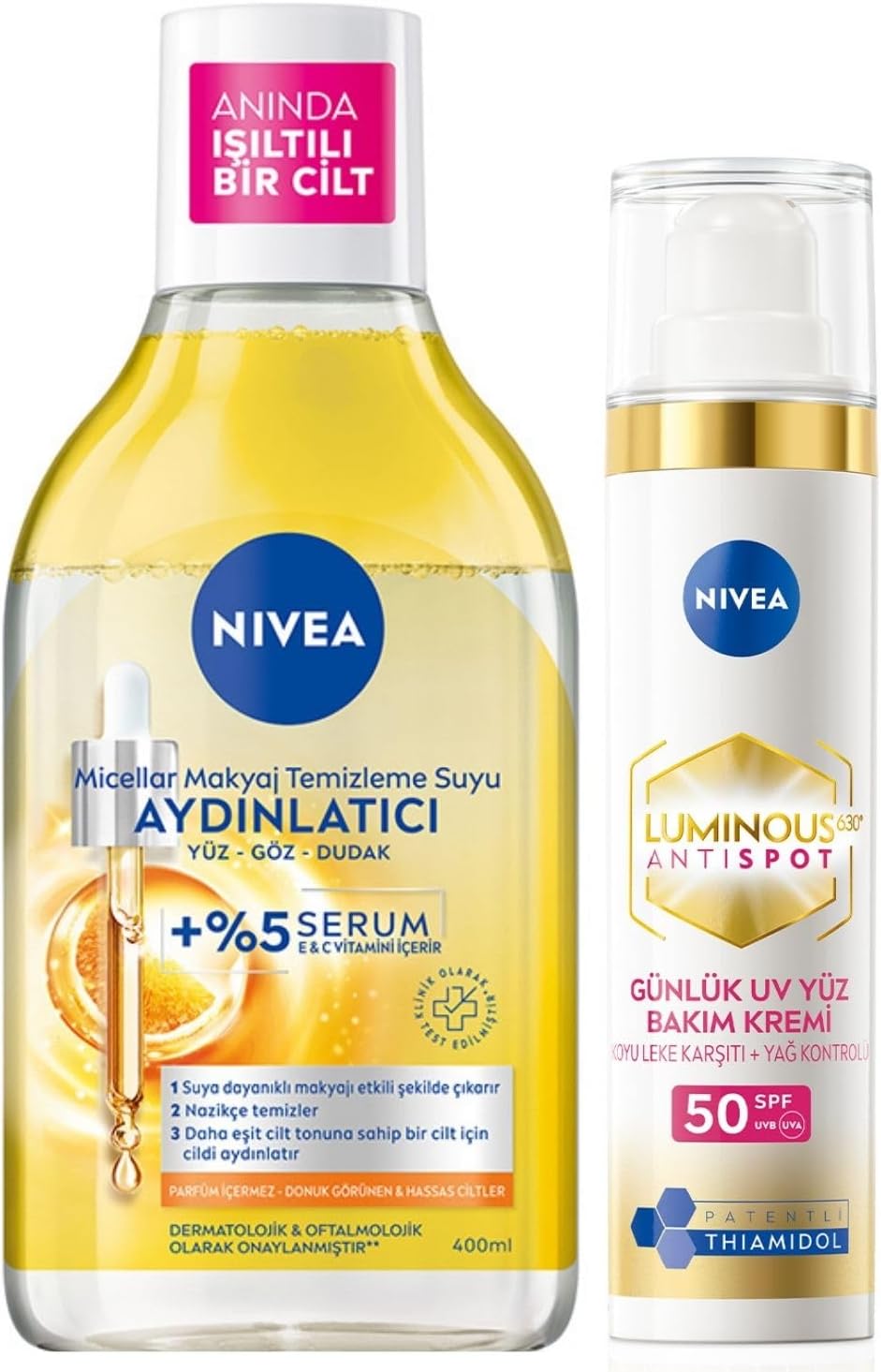 SPF50 Luminous630 Thiamidol Leke Karşıtı Güneş Koruyucu Krem 40ml Ve Micellar Makyaj Temizleme Suyu 400ml, C Vitamini, Güneş Lekesi Karşıtı, Aydınlatıcı