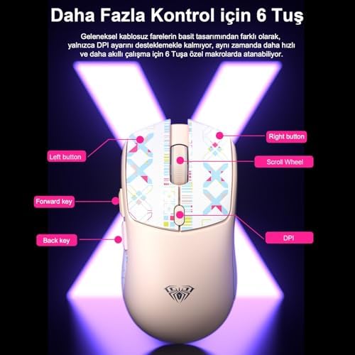 Aula SC580X Lightweight PAW3395 Sensor 10000 DPI 1000Hz Kablolu ve Kablosuz Gaming Oyuncu Mouse Beyaz