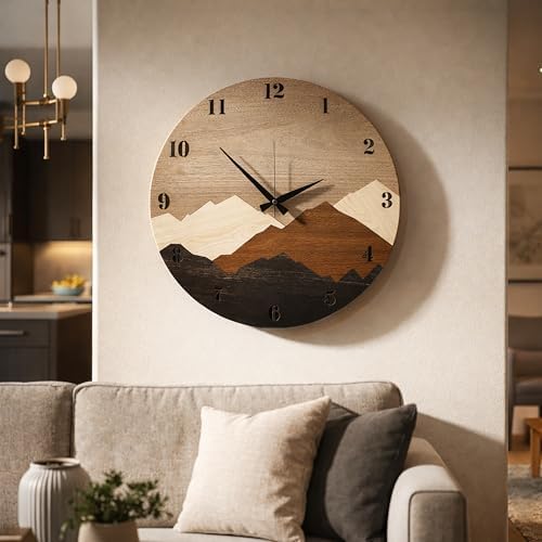 Alternative view of Modern Rustik Dağ Motifli Ahşap Duvar Saati 50 cm
