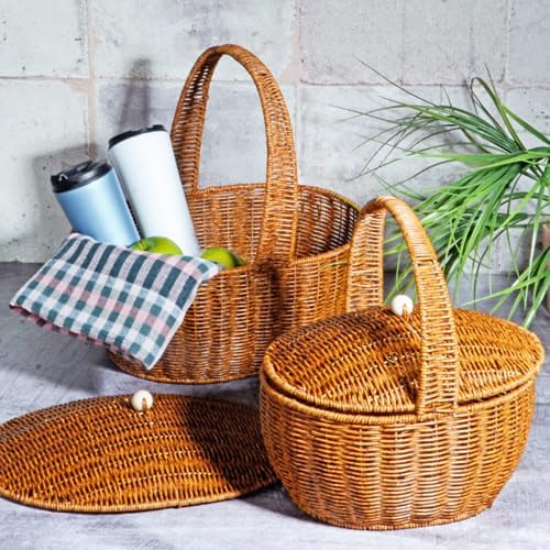 Kosova Wicker 2'li Kulplu Kapaklı Hasır Piknik Sepeti Seti