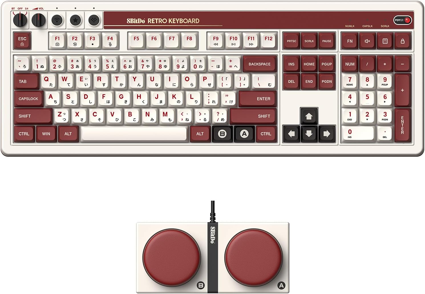 108 Tuşlu ve Entegre Numaralı 8BitDo Retro 108 Mekanik Klavye, Bluetooth/2.4G/USB-C Windows ve için Değiştirilebilir Kablosuz Oyun Klavyesi - Fami Edition - QWERTY İngilizce Klavye