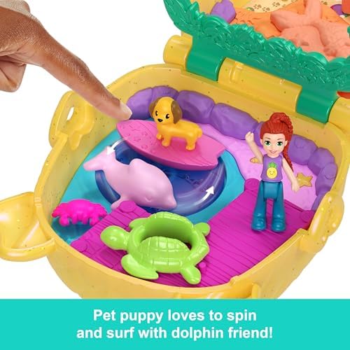 Polly mini bebek ve aksesuarları ile Ananas Köpekçik Plajı mini oyun seti, mikro bebek ve evcil hayvanlar dahil 8 aksesuar, JFV00