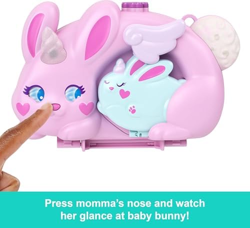Polly 2'si 1 Arada Tavşancıklar mini oyun seti, 2 mikro bebek ve evcil hayvanlar dahil 12 aksesuar ile giyilebilen çanta şeklinde, tavşan ve tek boynuzlu at temalı, JFT88