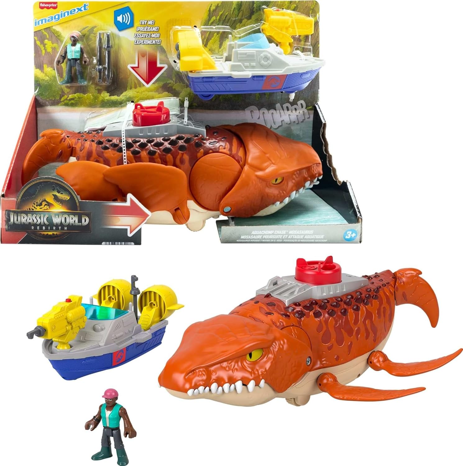 Imaginext World Rebirth Dev Ağızlı Mosasaurus, 45,5 cm'lik dinozor oyuncağı, 7,5 cm'lik aksiyon figürü, fırlatıcılı tekne ve 2 cephane, JFR23