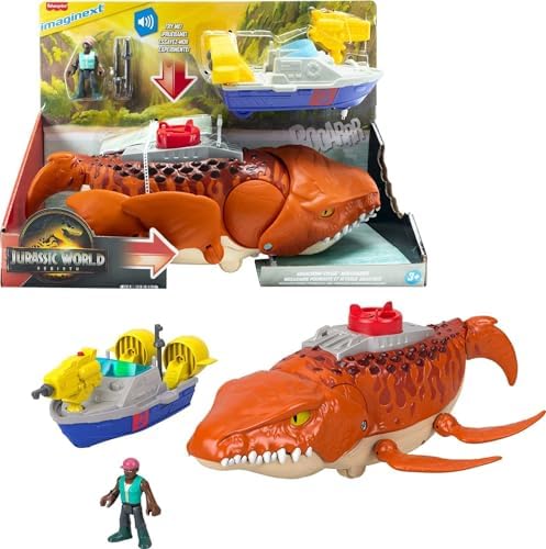Alternative view of Imaginext World Rebirth Dev Ağızlı Mosasaurus, 45,5 cm'lik dinozor oyuncağı, 7,5 cm'lik aksiyon figürü, fırlatıcılı tekne ve 2 cephane, JFR23