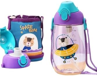 Küçük Boy 480Ml Kılıflı Askılı Pipetli/Pipetsiz Iki Ayrı Kapaklı Tritan Çocuk Matarası 6955482320230