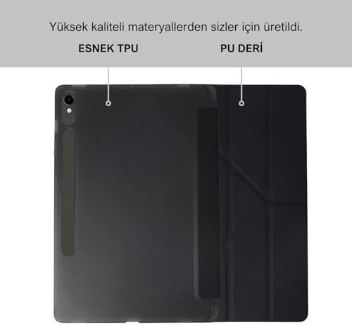 Galaxy Tab S9 FE 10.9 inç Uyumlu Smart Kılıf, S Pen Kalemlikli, Trifold, Esnek, Mat, Darbeye Tam Dayanıklı Tablet Kılıfı (Siyah)