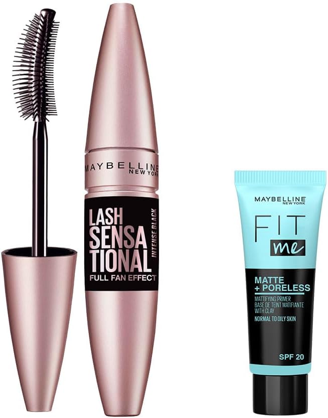 New York Lash Sensational Yelpaze Etkili Intense Maskara - Ekstra Siyah 9.5 ml & Mini Fit Me - Poreless Matlaştırcı Makyaj Bazı Makyaj Seti
