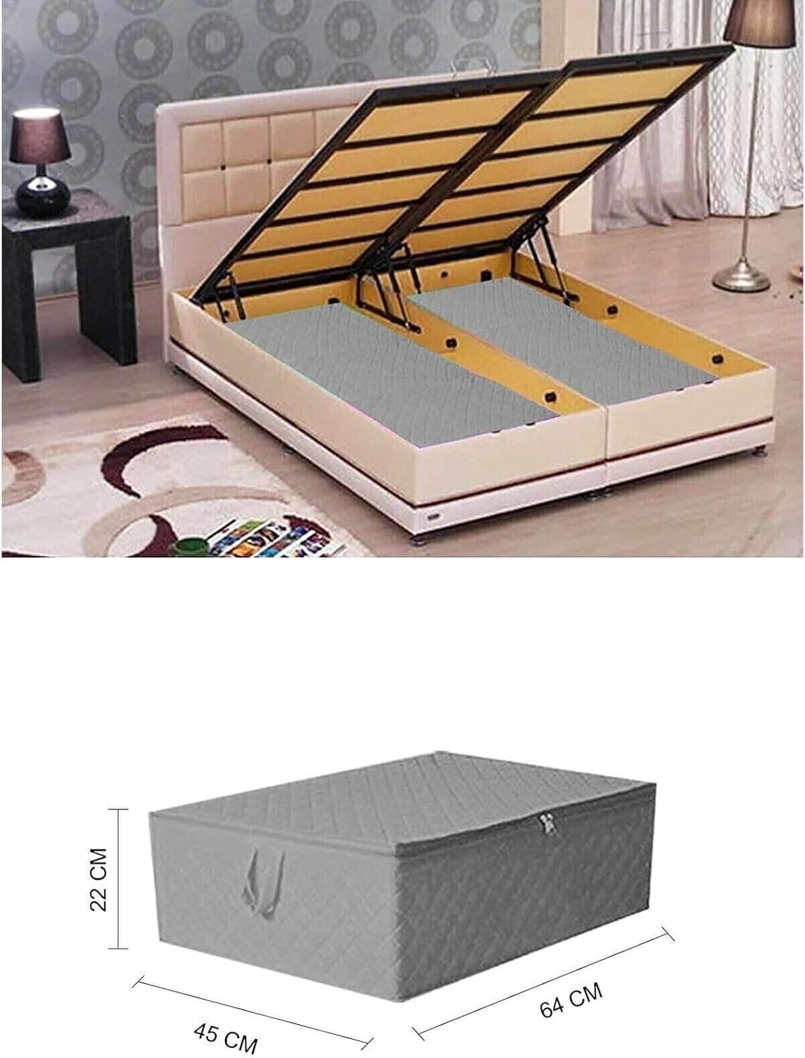 Çekyat Tipi Hurç - Altı Büyük Boy Saklama Hurcu 64 X 45 X 22 Cm Gri