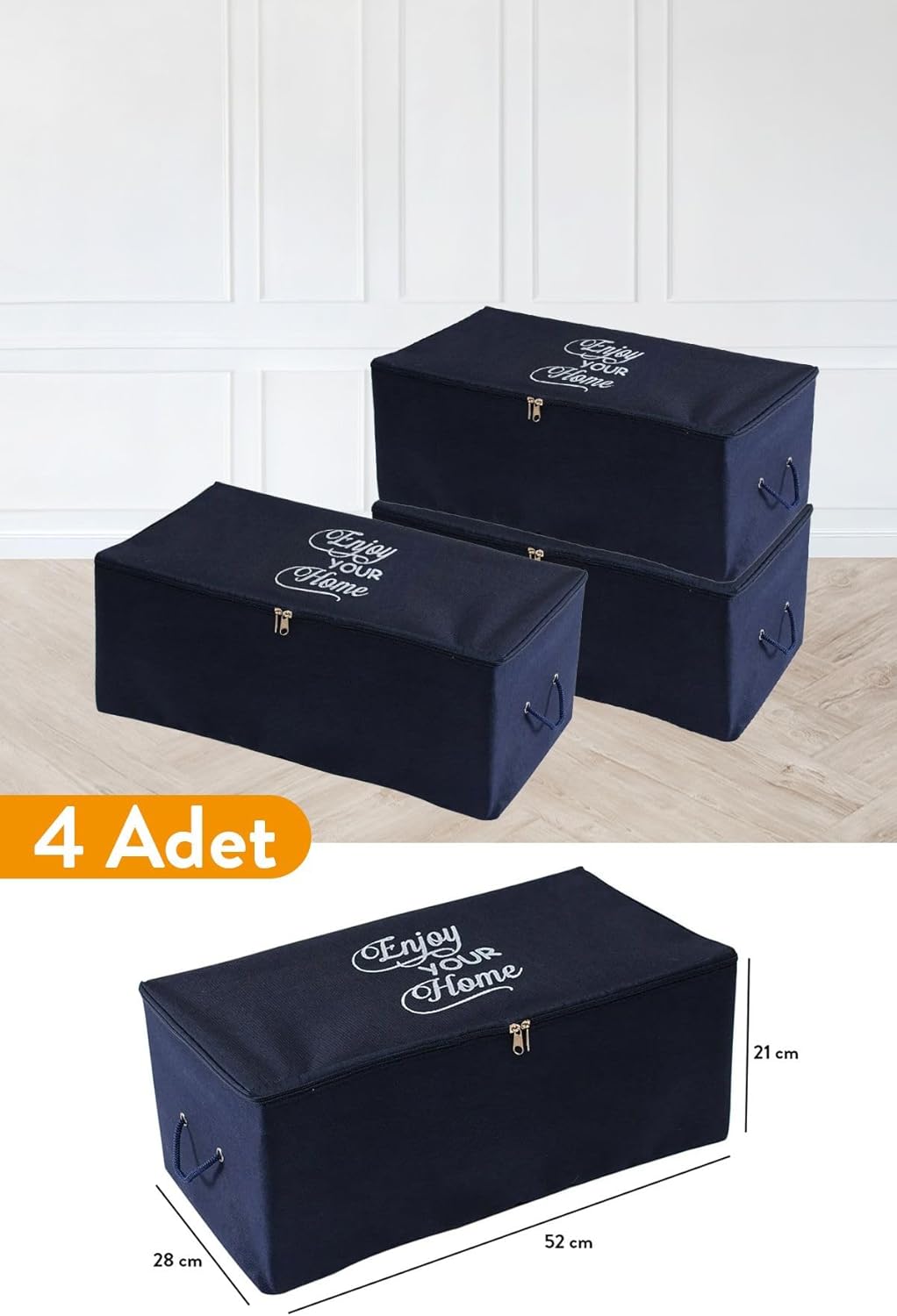 4 Adet - Küçük Boy Baskı Detaylı Lacivert Hurç 52 X 28 X 21 Cm