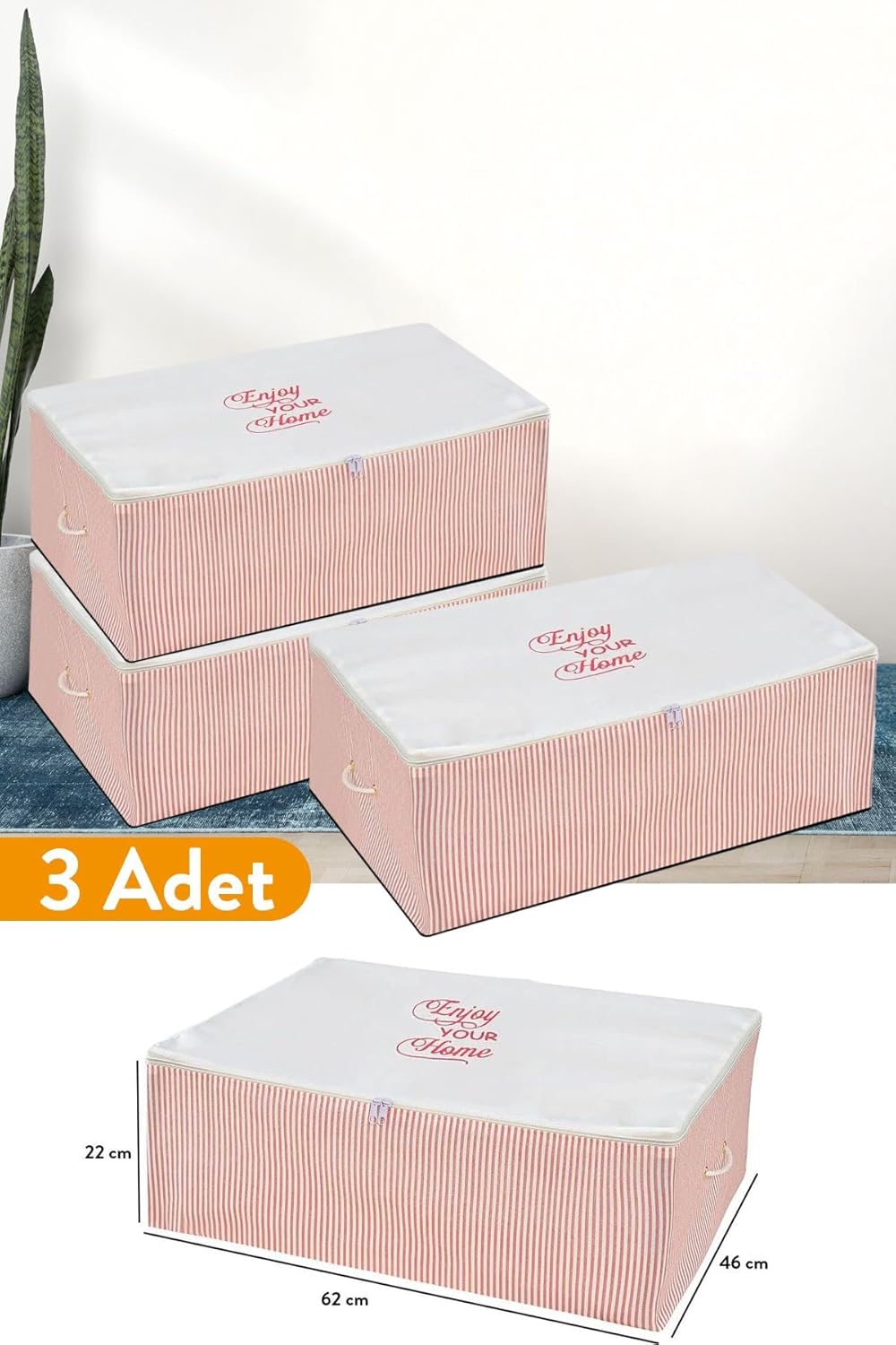 Alternative view of 3 Adet - Büyük Boy Altı Pembe Çizgili Hurç 62 X 46 X 22 Cm