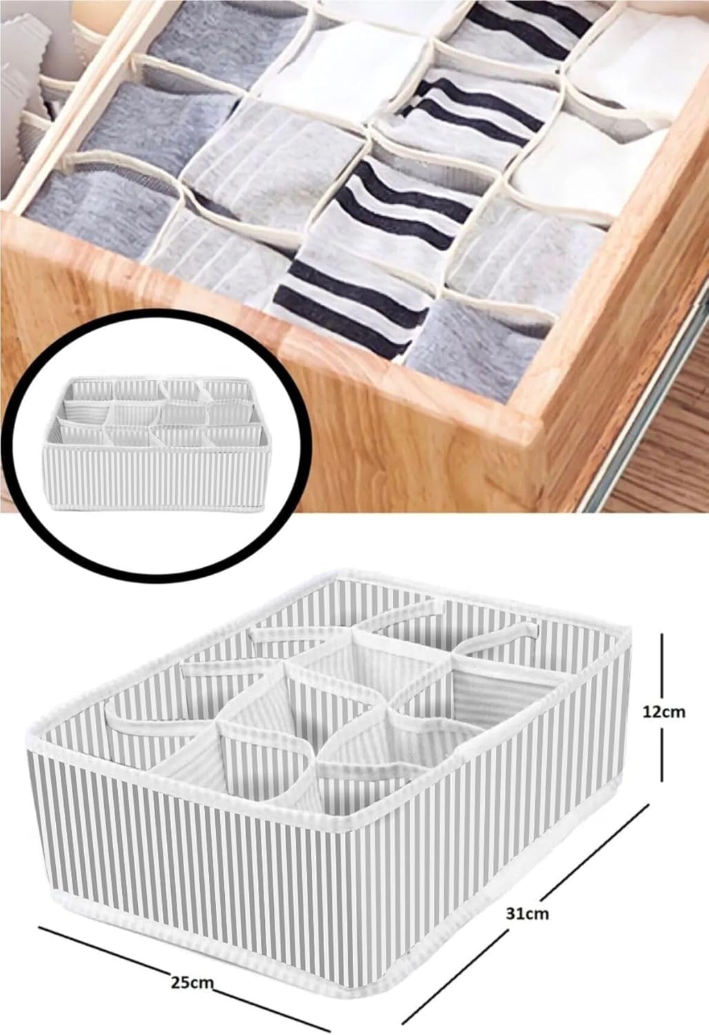 Çizgili Kumaş Organizer 12 Bölmeli Çekmece Içi Düzenleyici- Çizgili