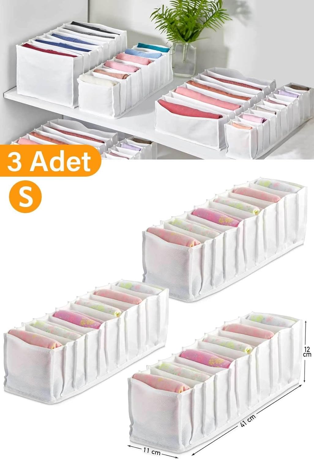 3 Adet - Small 11 Gözlü Çekmece Içi Düzenleyici Organizer 12 X 40 X 12