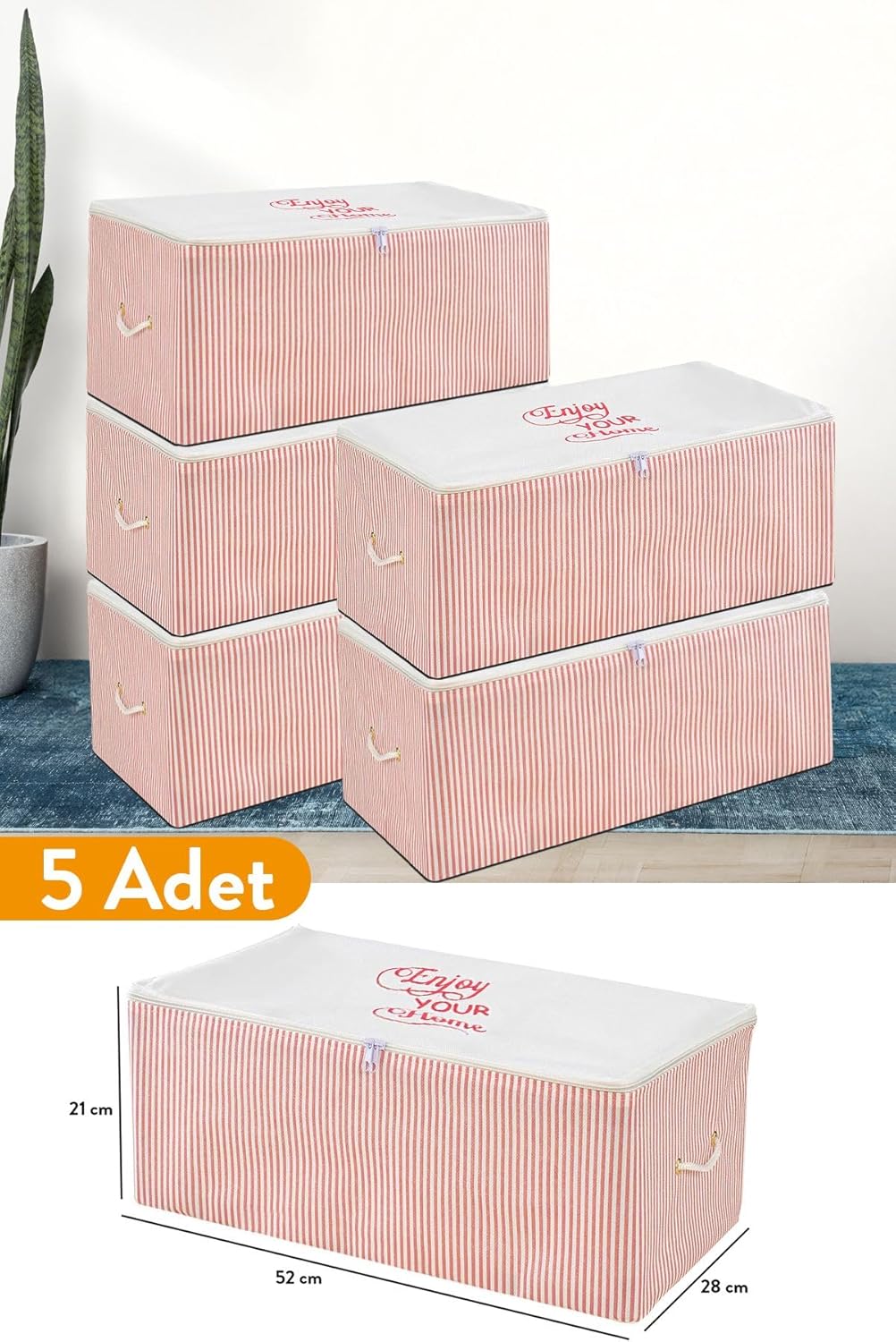 Alternative view of 5 Adet - Küçük Boy Baskı Detaylı Pembe Çizgili Hurç 52 X 28 X 21 Cm