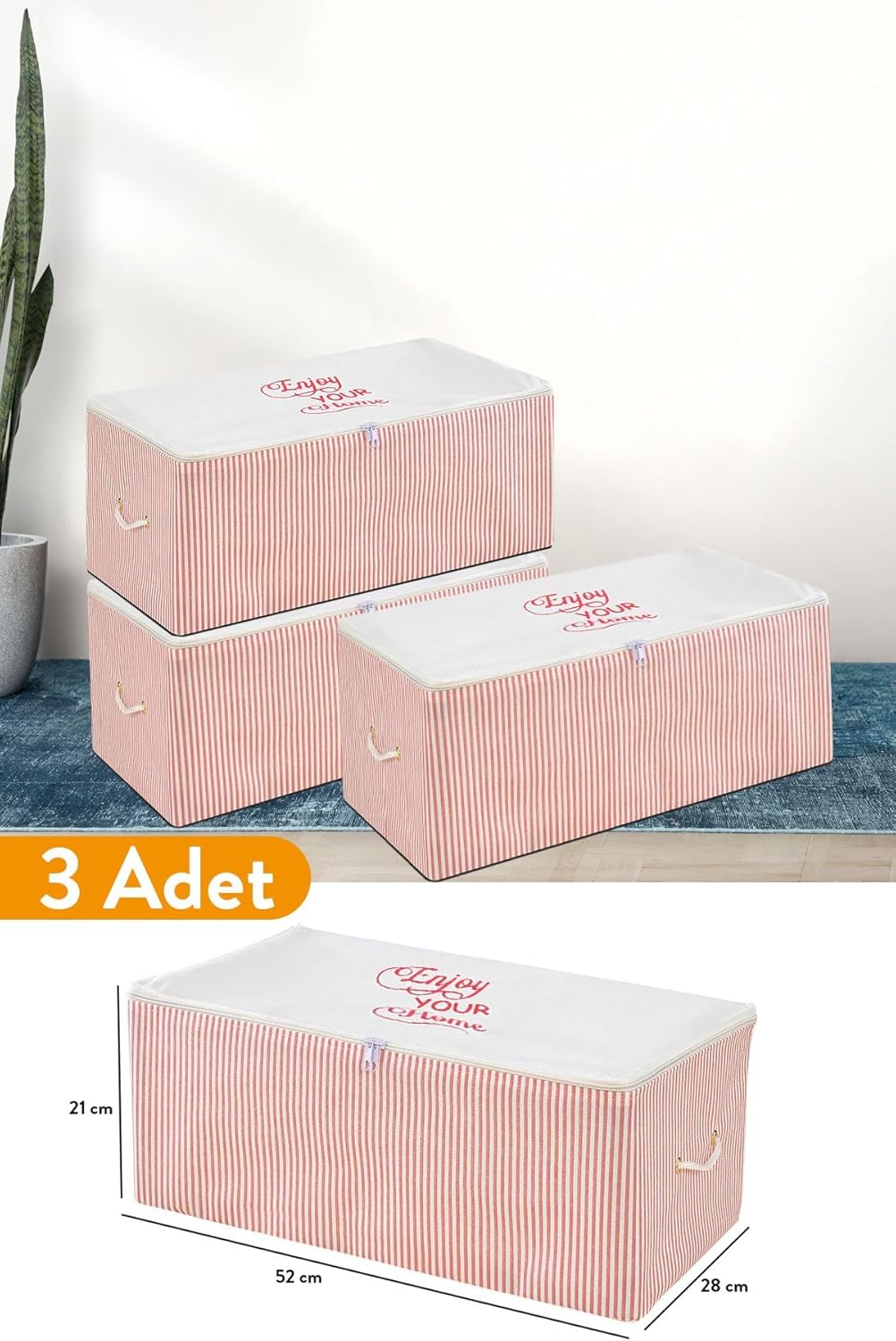 3 Adet - Küçük Boy Baskı Detaylı Pembe Çizgili Hurç 52 X 28 X 21 Cm
