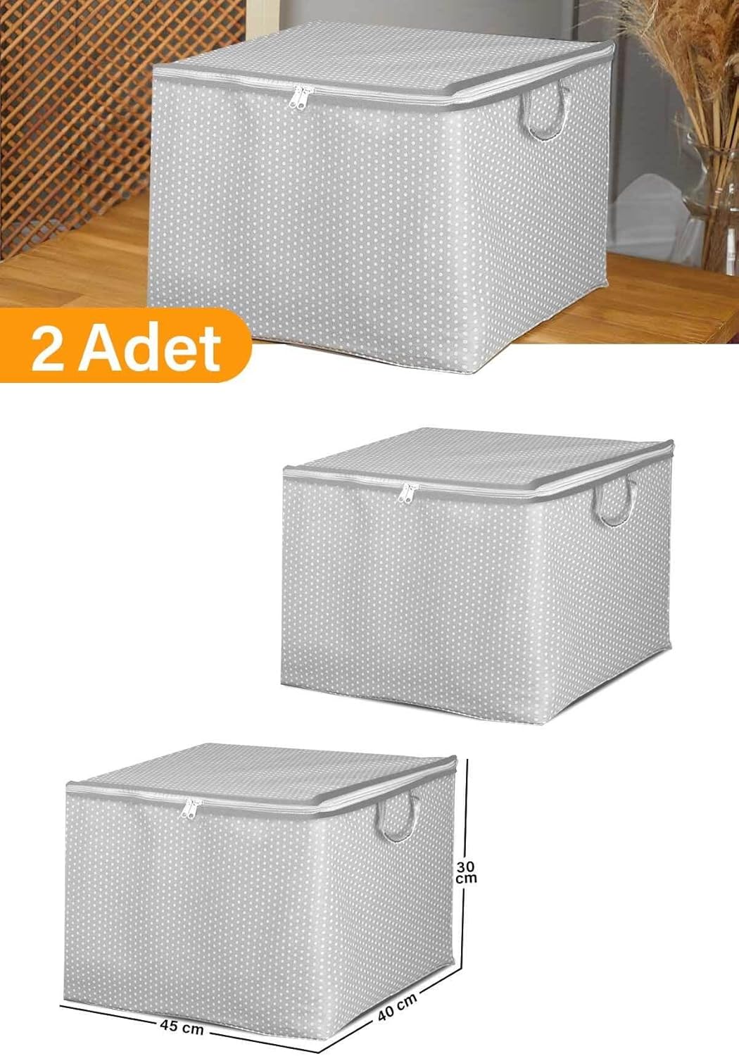 2 Adet - Mini Boy Gri Benekli Kıyafet/Nevresim Hurcu - 45X40X30 Cm