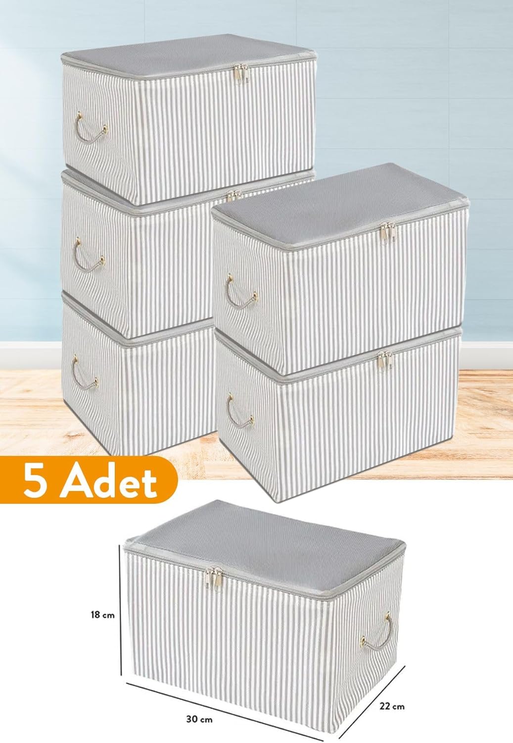 5 Adet - Mini Boy Baskı Detaylı Çizgili Hurç 30 X 22 X 18 Cm