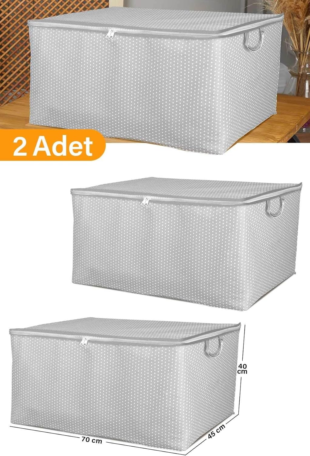 2 Adet - Maxi Boy Gri Benekli Yastık/Battaniye Hurcu - 70X45X40 Cm