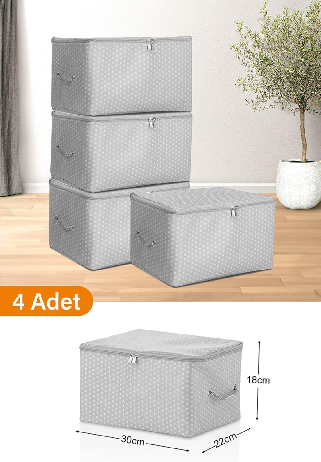 4 Adet - Mini Boy Baskı Detaylı Gri Benekli Hurç 30 X 22 X 18 Cm