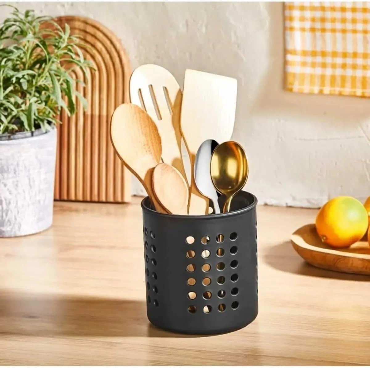 Plastik Silindir Dik Kaşıklık & Tezgah Üstü Düzenleyici & Servis Standı (Siyah)