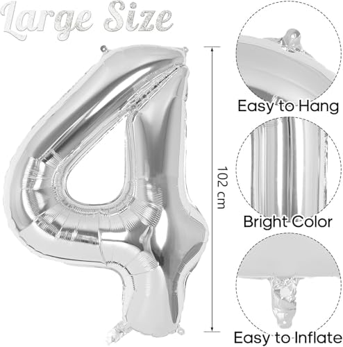xesha 4 Rakamı Doğum Günü Balonu Yaş Günü Gümüş Renk Uçan Balon 102 cm Doğum Günü ve Parti Dekorasyonu Büyük Boy Folyo Helyum Uçan Balon Yaş 4 Sayısı