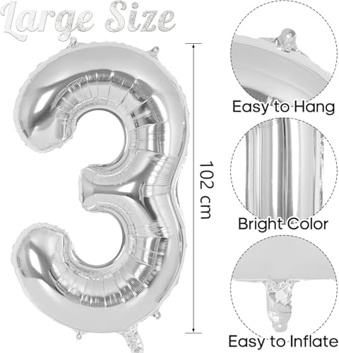 Alternative view of xesha 3 Rakamı Doğum Günü Balonu Yaş Günü Gümüş Renk Uçan Balon 102 cm Doğum Günü ve Parti Dekorasyonu Büyük Boy Folyo Helyum Uçan Balon Yaş 3 Sayısı
