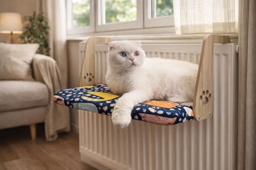 Gobypet Kalorifer Petek Radyatör Yatağı, Askılı Kedi Yatağı, Ahşap Taşıyıcılı Kedi Hamağı, Yumuşak Minderli Konforlu Kedi Desenli Tasarım