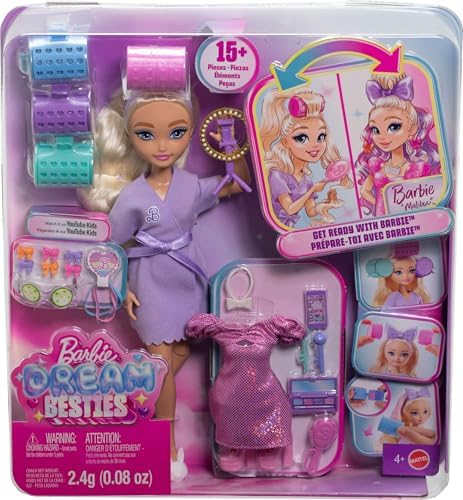 Besties BARBIE İLE HAZIRLAN şekillendirilmiş saçlı 'Malibu' bebek, sürpriz saç aksesuarları ve 15'ten fazla görünüm, JGG38