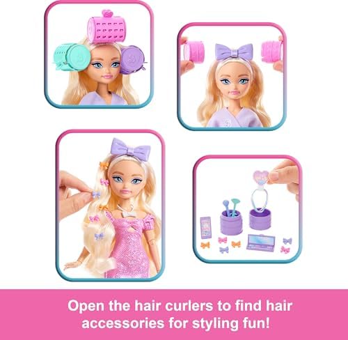 Alternative view of Besties BARBIE İLE HAZIRLAN şekillendirilmiş saçlı 'Malibu' bebek, sürpriz saç aksesuarları ve 15'ten fazla görünüm, JGG38
