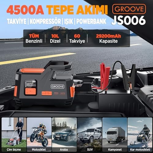 GROOVE JS006 29200mAh 4500A Akü Takviye Cihazı Jump Starter + Lastik Şişirme Kompresörü 150PSI Taşınabilir Powerbank LED Lamba LCD Ekran 12V Benzinli ve Dizel Araçlar için