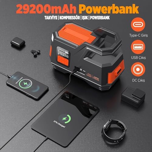 Alternative view of GROOVE JS006 29200mAh 4500A Akü Takviye Cihazı Jump Starter + Lastik Şişirme Kompresörü 150PSI Taşınabilir Powerbank LED Lamba LCD Ekran 12V Benzinli ve Dizel Araçlar için
