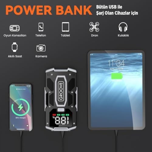GROOVE M01 18200mAh 2000A Akü Takviye Cihazı Taşınabilir Jump Starter (Powerbank+Led Lamba+LCD Ekran)