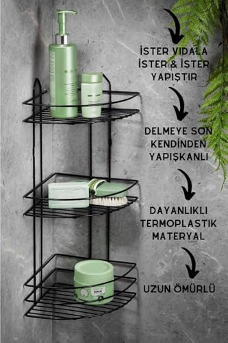 Alternative view of Ömür Boyu Paslanmaz Yapışkanlı Banyo Köşeliği Düzenleyici Şampuanlık Duş Rafı Siyah Ek-03
