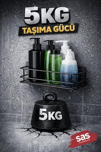 Yapışkanlı Duş Rafı Tel, Delmeden Montaj Banyo Rafı, 5 KG Taşıma Kapasiteli, Paslanmaz Termoplastik Kaplama Şampuanlık Siyah