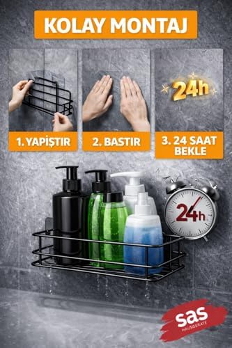 Alternative view of Yapışkanlı Duş Rafı Tel, Delmeden Montaj Banyo Rafı, 5 KG Taşıma Kapasiteli, Paslanmaz Termoplastik Kaplama Şampuanlık Siyah