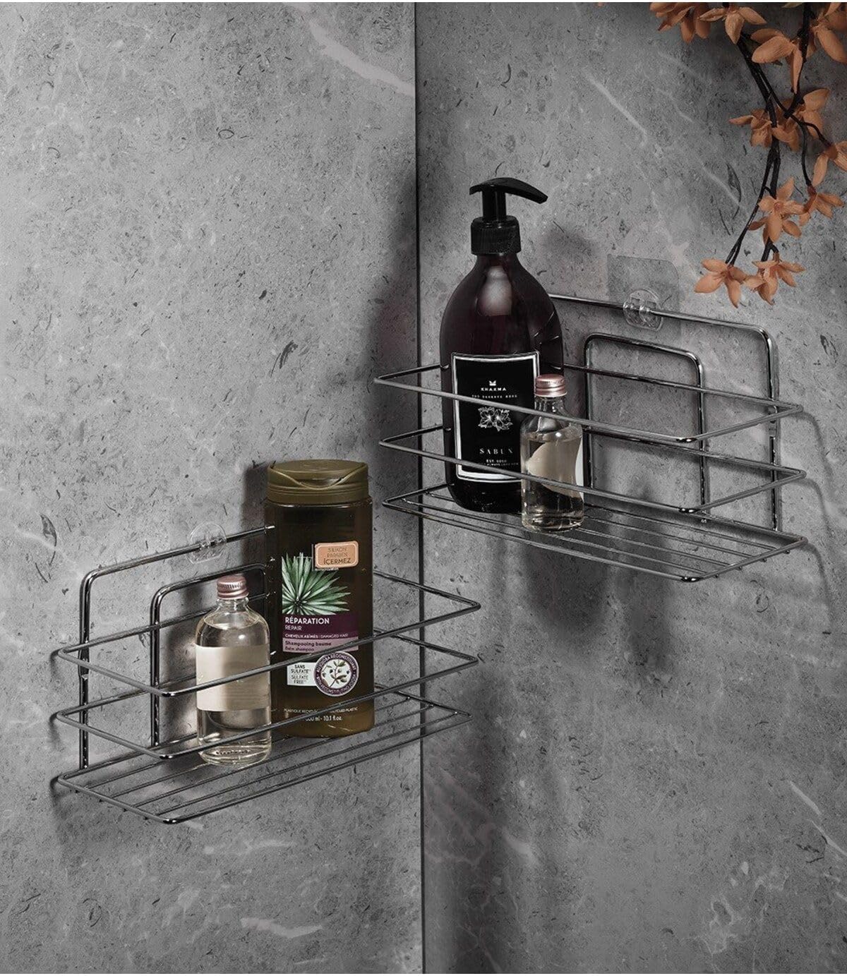 Alternative view of 2'li Parlak Krom Yapışkanlı Banyo Rafı, Duş Şampuanlık, Paslanmaz Metal Duvar Rafı (Yapıştır/Vidala)