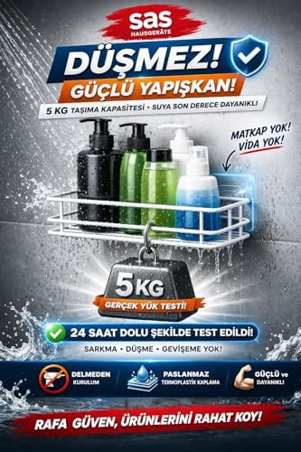 Yapışkanlı Duş Rafı, Delmeden Montaj Banyo Rafı, Paslanmaz Şampuanlık Organizer, Güçlü Yapışkanlı Duvar Rafı (Beyaz Tekli)