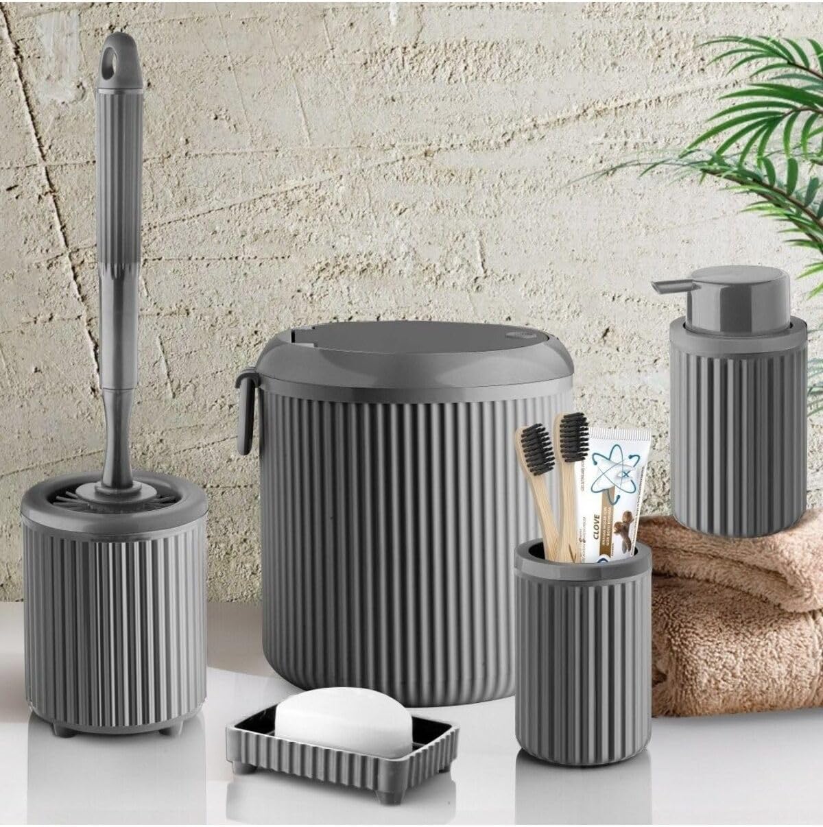 Çöp Kovası Tuvalet Fırçası Sıvı Sabunluk Diş Fırçalık Katı Sabunluk 5 Parça Banyo Seti 4 Litre Gri