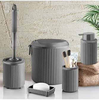 Alternative view of Çöp Kovası Tuvalet Fırçası Sıvı Sabunluk Diş Fırçalık Katı Sabunluk 5 Parça Banyo Seti 4 Litre Gri