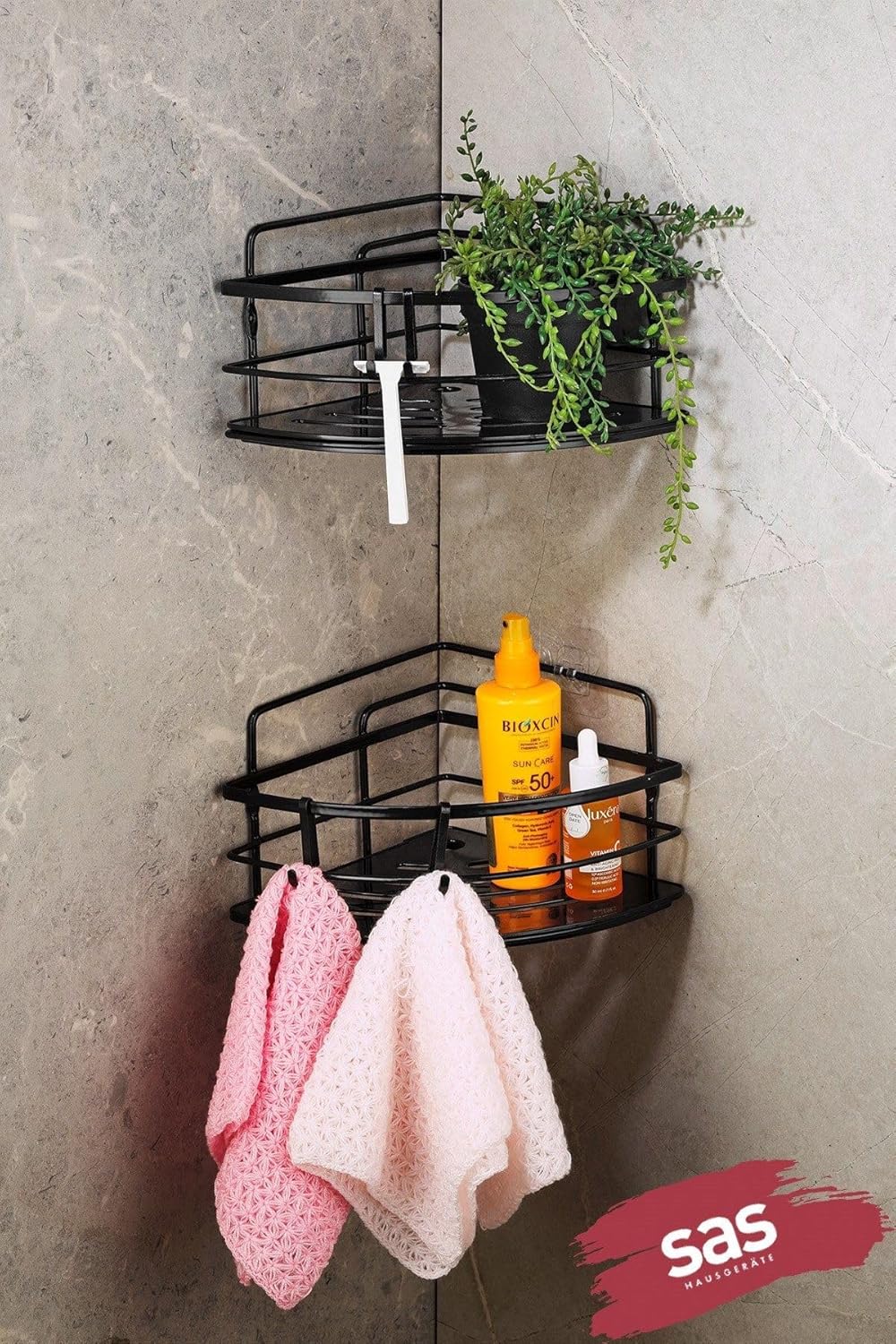 2’li Kancalı Yapışkanlı Banyo Duş Köşe Rafı – Ayarlanabilir Kristal Raf (Yapıştır/Vidala) Siyah-Siyah - LK-01 - SS
