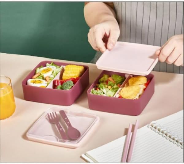 Smart Bölmeli 2 Katlı Çatal Kaşıklı Pembe Beslenme Kabı KARE - MÜRDÜM