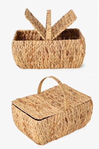 El Yapımı Su Sümbülü Kapaklı Büyük Boy Hasır Örme Piknik Sepeti Dikdörtgen - 46X30cm - 20-36cm