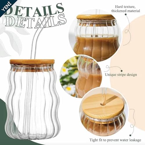 500ml Bambu Kapaklı Cam Bardak, Cam Pipetli Silikon Kapak Contalı Desenli Soğuk İçecekler Kahve Meyve Suları ve Çayları için Şık Ergonamik Tasarım