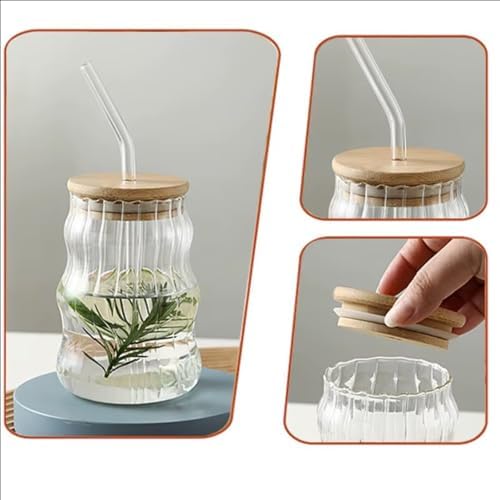 Alternative view of 500ml Bambu Kapaklı Cam Bardak, Cam Pipetli Silikon Kapak Contalı Desenli Soğuk İçecekler Kahve Meyve Suları ve Çayları için Şık Ergonamik Tasarım