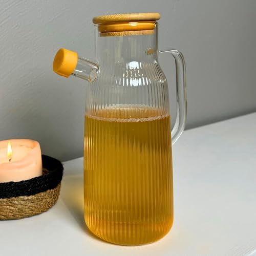 Borosilikat Cam Yağdanlık 1000 Ml Bambu Kapaklı Yağ Sürahisi, Yağ Ve Sirke Kabı