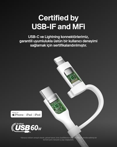 2-in-1 Charging Cable with USB-C & Lightning Connector - Braided -Charging Cable, USB-C to USB-C & Lightning Charger Cord, Multi-Charging Combo for, iPad,, More -