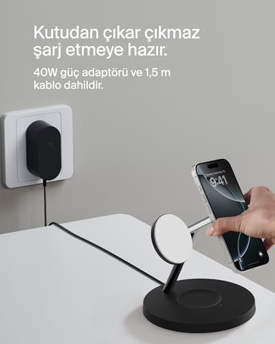 BoostCharge 3'ü 1 Arada Qi2 şarj cihazı, MagSafe uyumlu kablosuz şarj istasyonu, 16 Serisi,, Kaymaz Tabanlı AirPods için Qi2 Kablosuz Şarj Aleti, PSU Dahil - Siyah