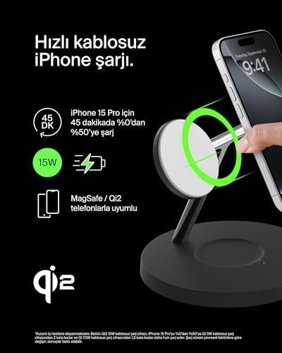 Alternative view of BoostCharge 3'ü 1 Arada Qi2 şarj cihazı, MagSafe uyumlu kablosuz şarj istasyonu, 16 Serisi,, Kaymaz Tabanlı AirPods için Qi2 Kablosuz Şarj Aleti, PSU Dahil - Siyah