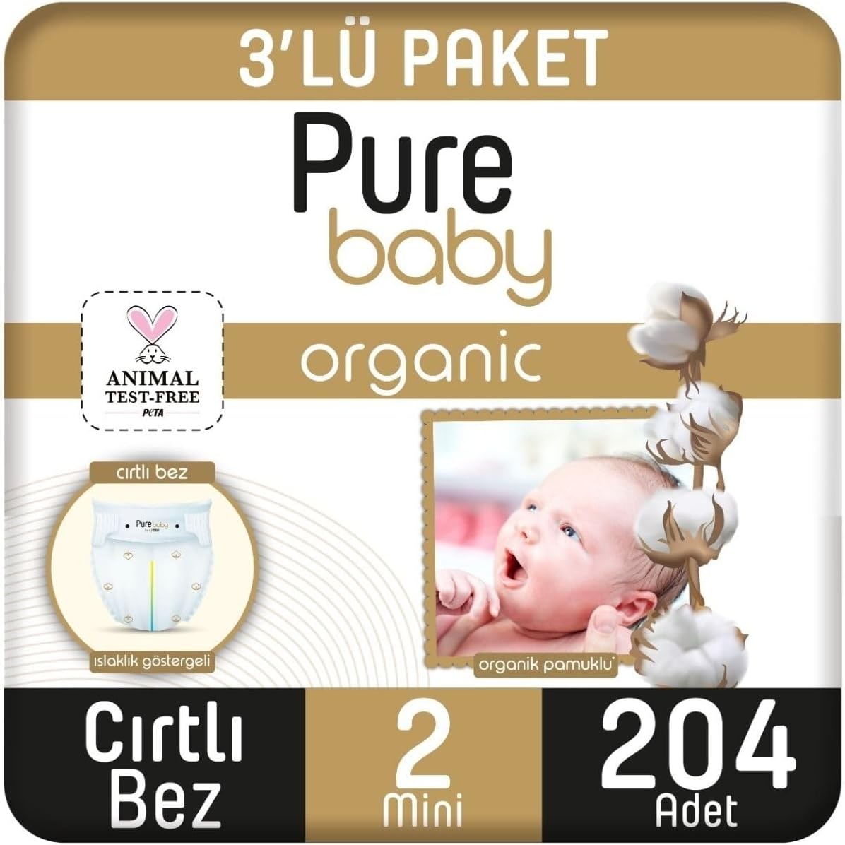 Alternative view of Pure Baby Organik Pamuklu Cırtlı Bez 3'Lü Paket 2 Numara Mini 204 Adet